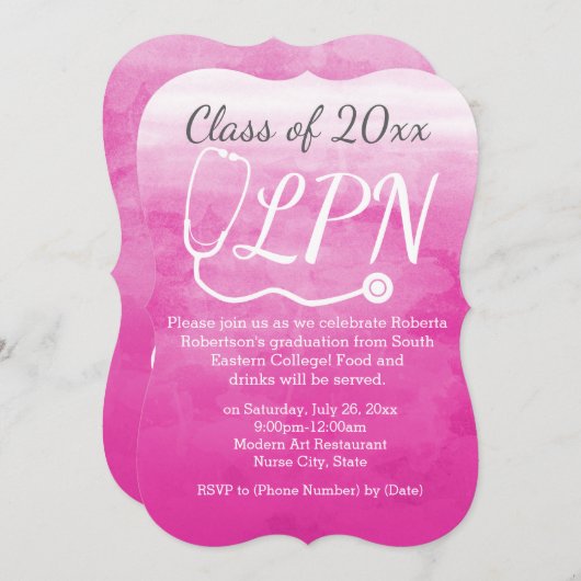 水彩ピンク看護LPNナース卒業パーティー 招待状 (正面/裏面)