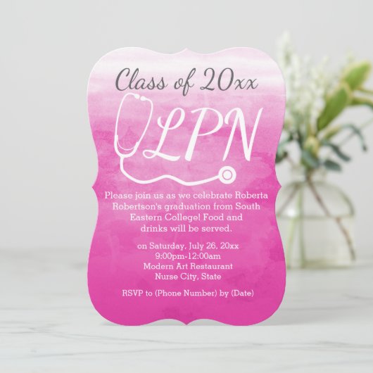水彩ピンク看護LPNナース卒業パーティー 招待状 (スタンド正面)