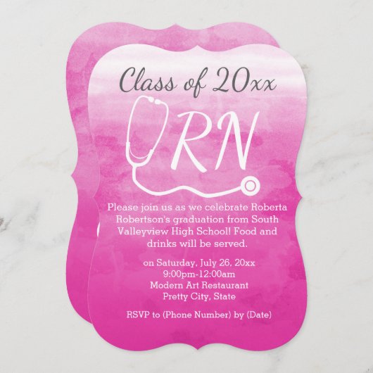 水彩ピンク看護RNナース卒業パーティー 招待状 (正面/裏面)
