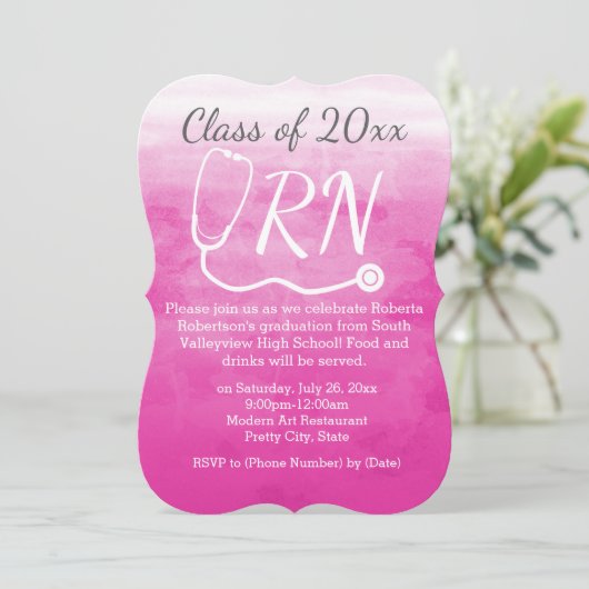 水彩ピンク看護RNナース卒業パーティー 招待状 (スタンド正面)