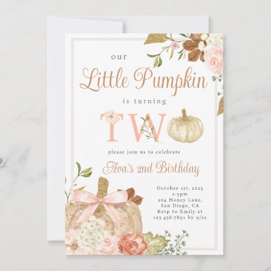 水彩ピンク私たちの小さなカボチャ2nd誕生日 招待状 (正面)