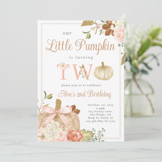 水彩ピンク私たちの小さなカボチャ2nd誕生日 招待状 (スタンド正面)