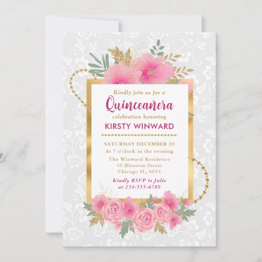 水彩ピンク秋花キンセアニェラ 招待状 (正面)