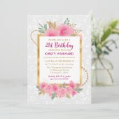 水彩ピンク秋花21歳の誕生日 招待状 (スタンド正面)