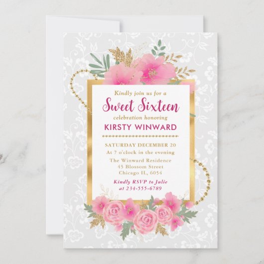 水彩ピンク秋花Sweet sixteen 招待状 (正面)