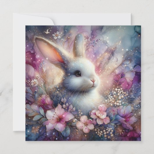 水彩ピンク紫色の花バニー宗教的 シーズンカード (正面)