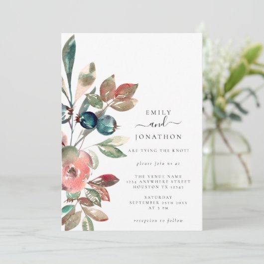 水彩ピンク花模様ティール（緑がかった色）ボタニカル結婚ズ 招待状 (スタンド正面)