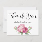 水彩ピンク花模様ピンク牡丹ピンクバラ サンキューカード (正面)