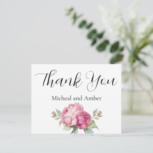 水彩ピンク花模様ピンク牡丹ピンクバラ サンキューカード (スタンド正面)