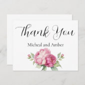 水彩ピンク花模様ピンク牡丹ピンクバラ サンキューカード (正面/裏面)