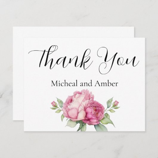 水彩ピンク花模様ピンク牡丹ピンクバラ サンキューカード (正面/裏面)