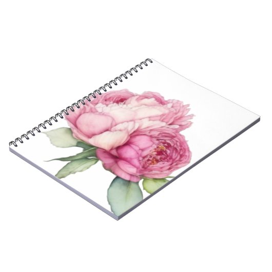 水彩ピンク花模様ピンク牡丹ピンクバラ ノートブック (左側)
