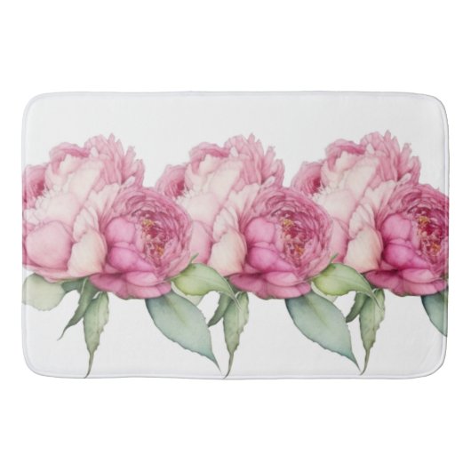 水彩ピンク花模様ピンク牡丹ピンクバラ バスマット (正面)