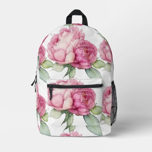 水彩ピンク花模様ピンク牡丹ピンクバラ プリントバックパック (正面)