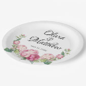 水彩ピンク花模様ピンク牡丹ピンクバラ ペーパープレート (アングル)