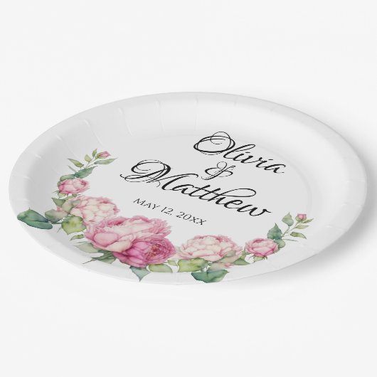 水彩ピンク花模様ピンク牡丹ピンクバラ ペーパープレート (アングル)