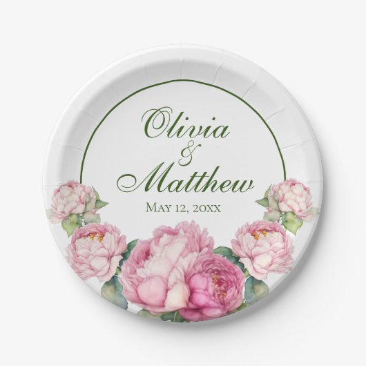 水彩ピンク花模様ピンク牡丹ピンクバラ ペーパープレート (正面)