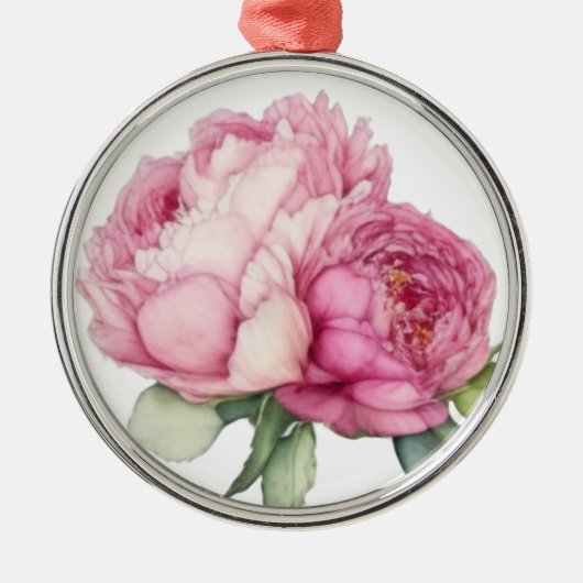 水彩ピンク花模様ピンク牡丹ピンクバラ メタルオーナメント (正面)