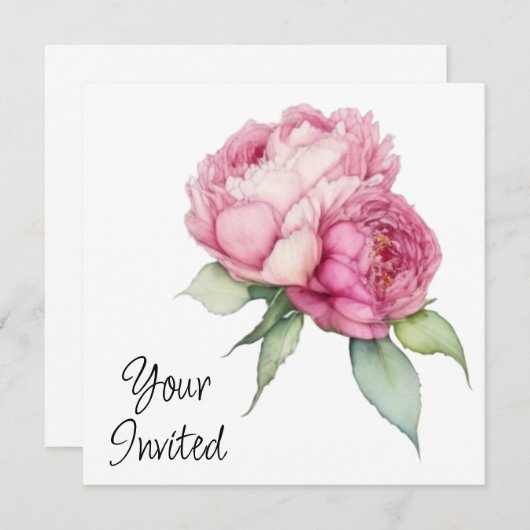 水彩ピンク花模様ピンク牡丹ピンクバラ 招待状 (正面/裏面)