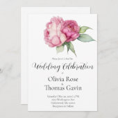 水彩ピンク花模様ピンク牡丹ピンクバラ 招待状 (正面/裏面)