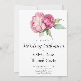 水彩ピンク花模様ピンク牡丹ピンクバラ 招待状