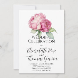 水彩ピンク花模様ピンク牡丹ピンクバラ 招待状