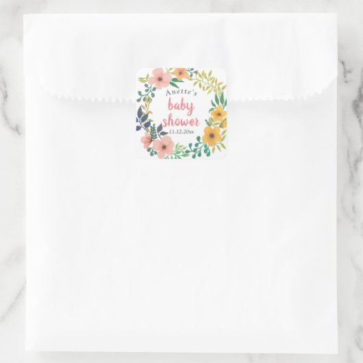 水彩ピンク花模様 |赤ちゃんシャワー スクエアシール (バッグ)