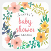 水彩ピンク花模様 |赤ちゃんシャワー スクエアシール (正面)