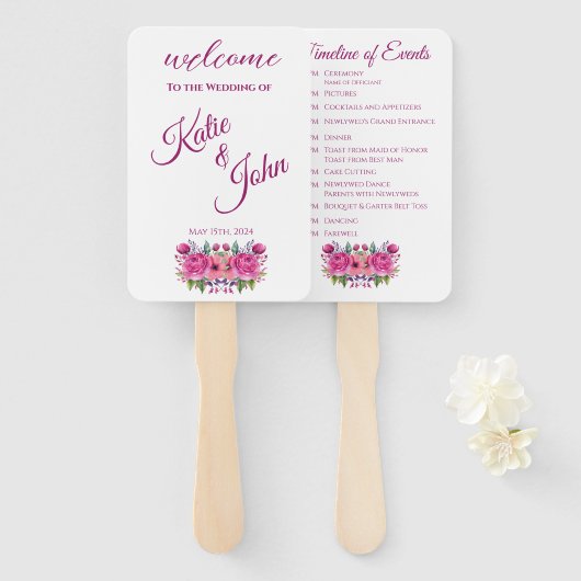 水彩ピンク花花花花束 – 結婚式 プログラム- ハンドファン (正面&裏面)