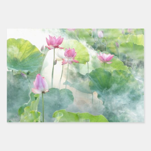 水彩ピンク蓮の花と葉す ラッピングペーパーシート (正面)