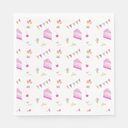 水彩ピンク誕生日の装飾とケーキ スタンダードランチョンナプキン (正面)