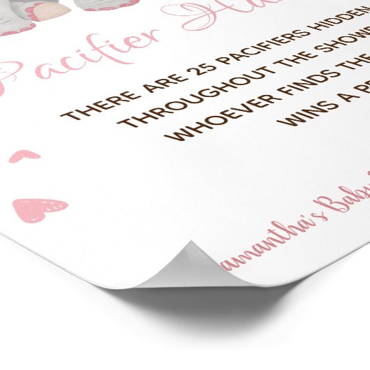 水彩ピンク象の女の子の赤ちゃんシャワーのサイン ポスター (角)