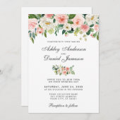 水彩ピンク赤面とホワイトフローラ結婚ズ 招待状 (正面/裏面)