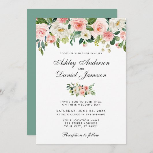 水彩ピンク赤面と白フローラ結婚のGR 招待状 (正面/裏面)