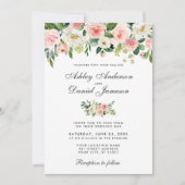 水彩ピンク赤面と白フローラ結婚のP 招待状 (正面)
