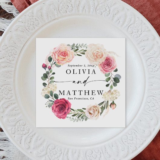 水彩ピンク赤面バラ。フローラ庭園の結婚式 スタンダードカクテルナプキン