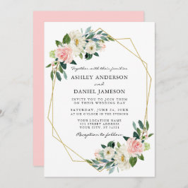 水彩ピンク赤面フローラエレガント金ゴールド枠 招待状