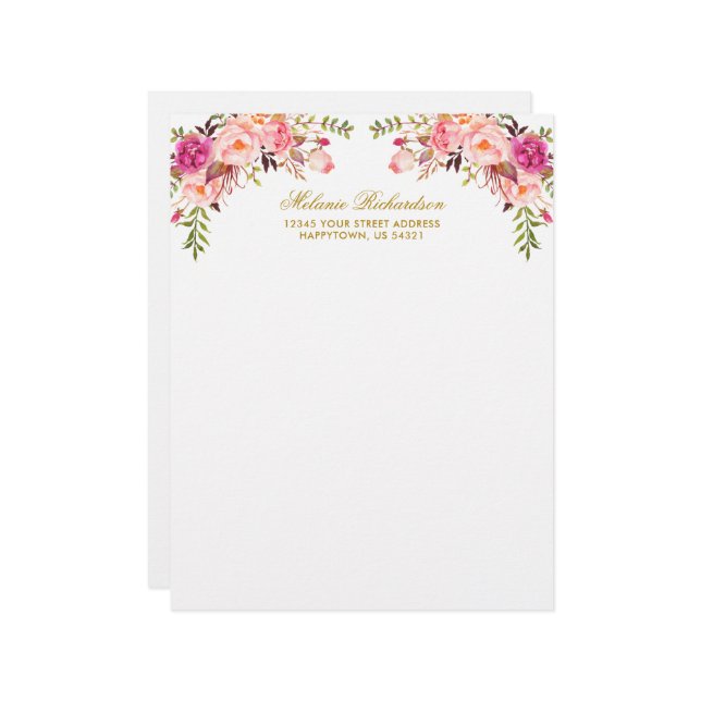 水彩ピンク赤面フローラパーソナライズされた金ゴールド レターヘッド (正面/裏面インサイチュ)