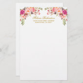 水彩ピンク赤面フローラパーソナライズされた金ゴールド 便箋 (正面/裏面)