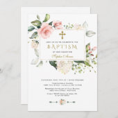 水彩ピンク赤面フローラフレームクロスバプテスマ 招待状 (正面/裏面)