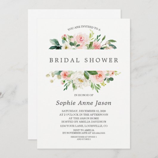 水彩ピンク赤面フローラフレームブライダルシャワー 招待状 (正面/裏面)