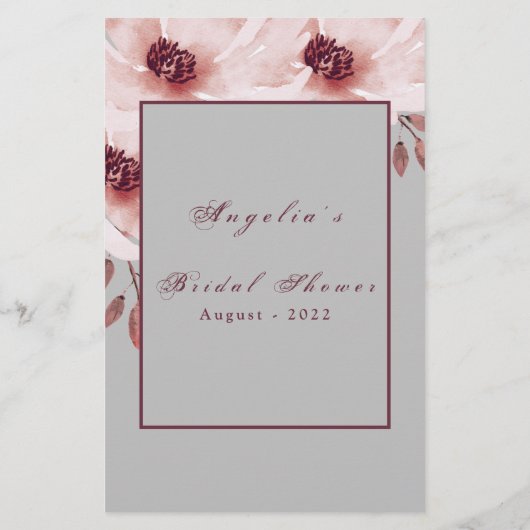 水彩ピンク赤面フローラブライダルシャワーゲーム (裏面)