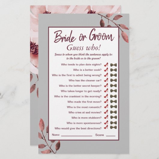 水彩ピンク赤面フローラブライダルシャワーゲーム (正面/裏面)