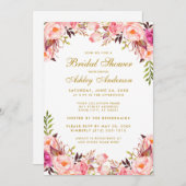 水彩ピンク赤面フローラブライダルシャワー金ゴールド 招待状 (正面/裏面)