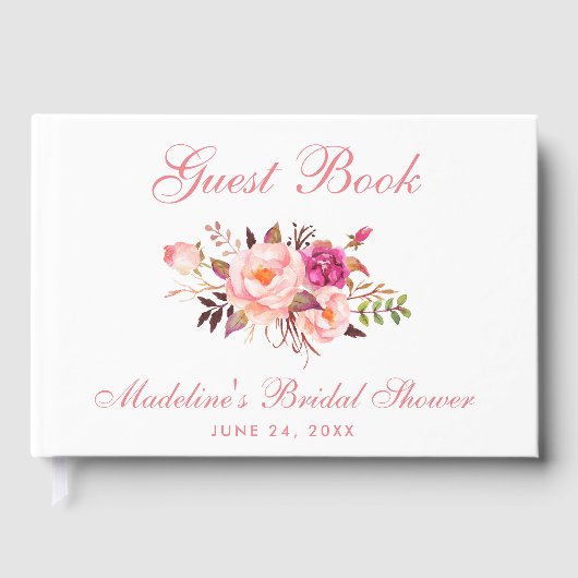 水彩ピンク赤面フローラブライダルシャワー ゲストブック (正面)