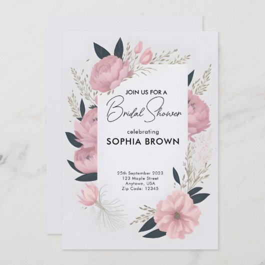 水彩ピンク赤面フローラブライダルシャワー 招待状 (正面/裏面)