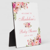 水彩ピンク赤面フローラベビーシャワーようこそ フォトプラーク (側面)