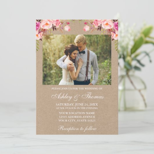 水彩ピンク赤面フローラ写真結婚のクラフト 招待状 (スタンド正面)