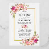 水彩ピンク赤面フローラ写真結婚の金ゴールド 箔招待状 (正面)