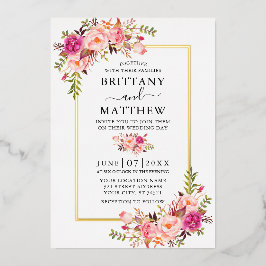 水彩ピンク赤面フローラ写真結婚の金ゴールド 箔招待状